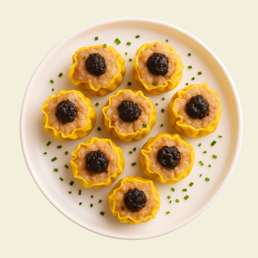 Cantonese-style chicken shumai infused with black truffle, frozen and ready to steam