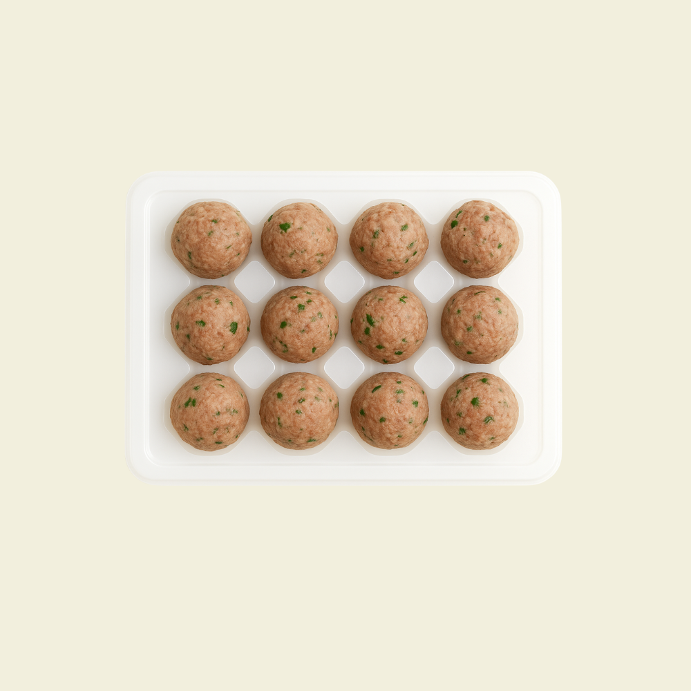 Frozen aged mandarin peel beef balls arranged in packaging, 12 pieces per pack