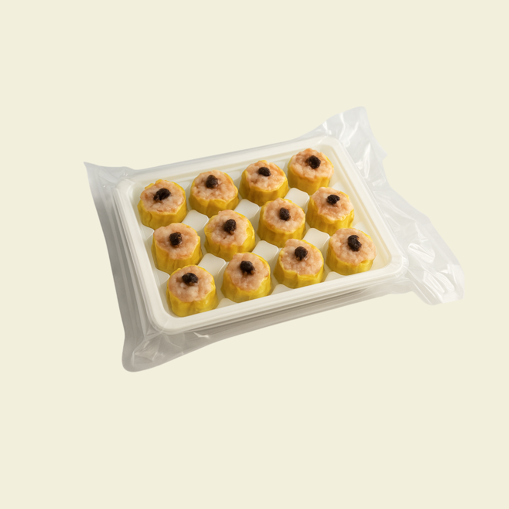 Premium black truffle chicken shumai with juicy filling, frozen dim sum pack