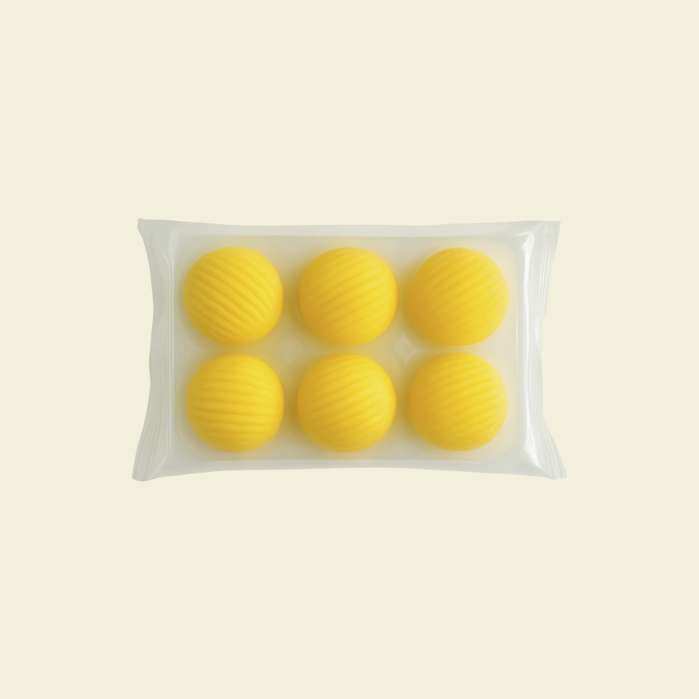 Frozen lava custard buns arranged in packaging, 6 pieces per pack