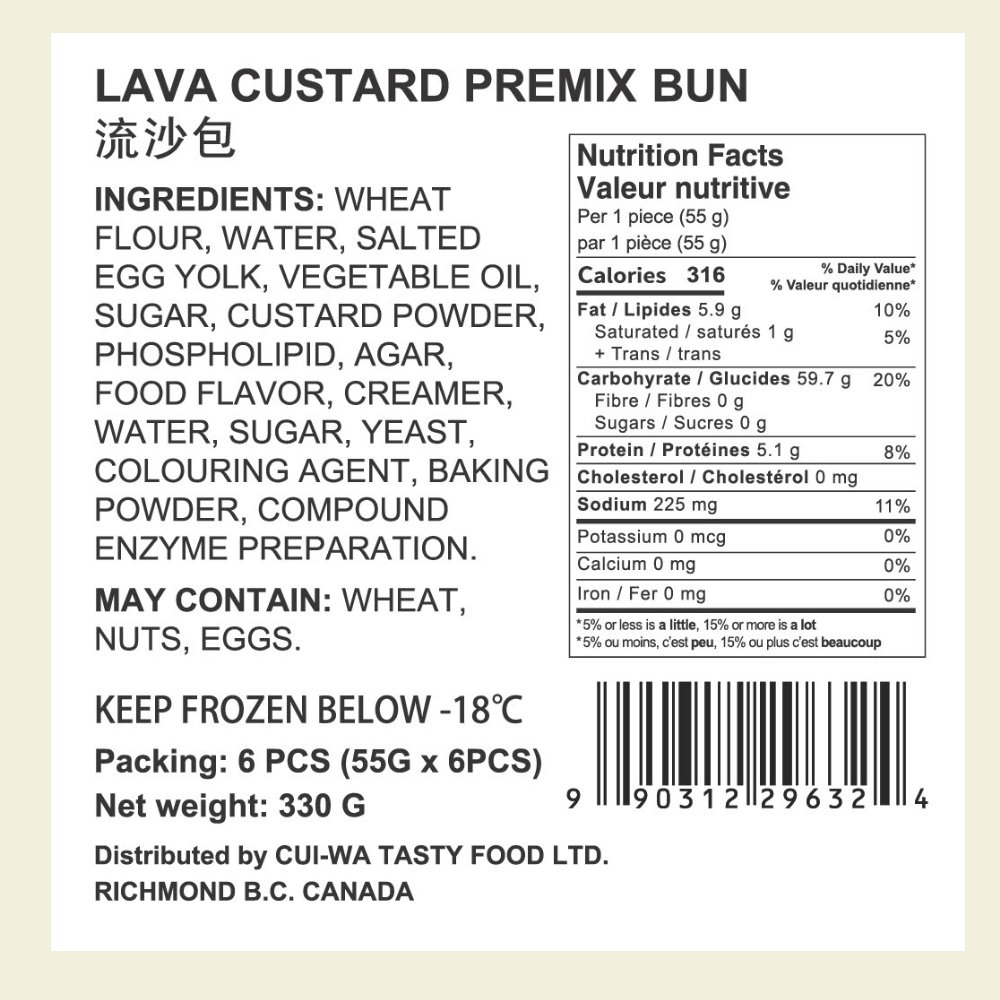 Cantonese-style lava custard buns with molten custard center, frozen and ready to steam